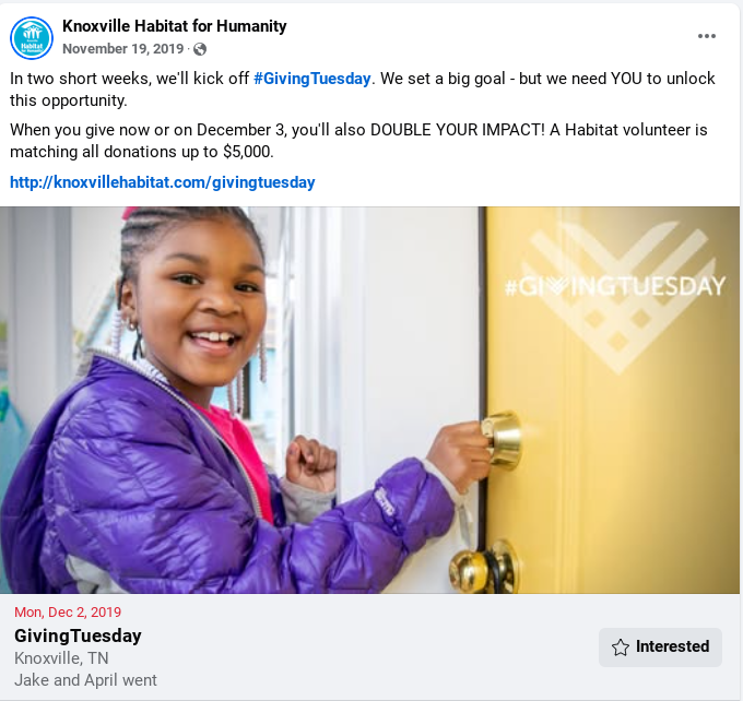 Screenshot of a Facebook event for GivingTuesday, Image is of a young girl using a key to open the door to her new home. A Giving Tuesday logo is in the top right corner.