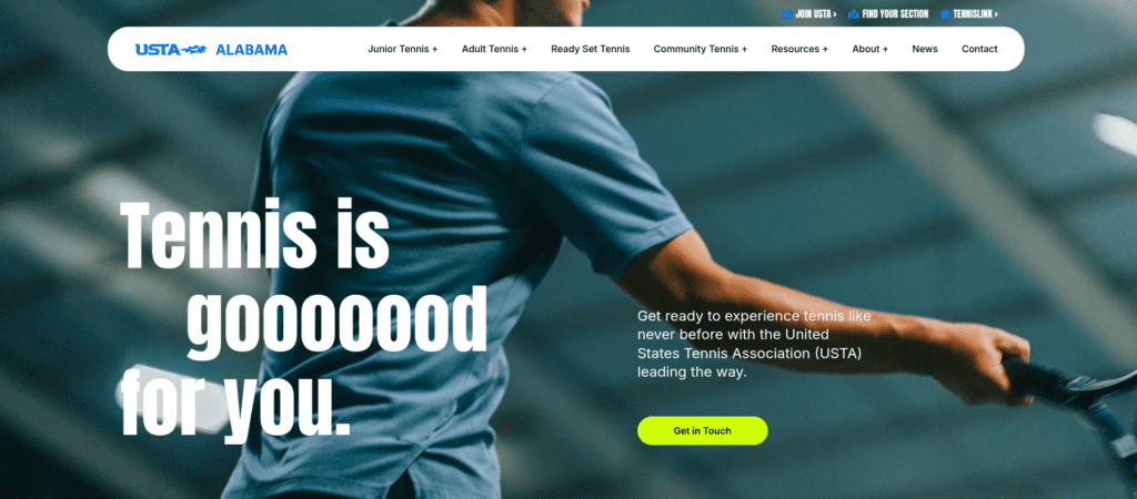 Hero image from USTA's website. Copy in the header says "Tennis is gooooood for you." 