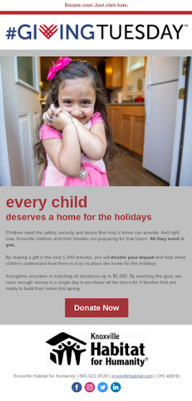 Screenshot of an email. There is a large GivingTuesday logo at the top with "Save the Date" underneath. There is a young boy unlocking the door to his front door, with content underneath about the upcoming GivingTuesday fundraiser that will raise money to purchase doors for upcoming builds.